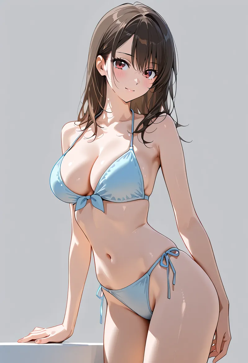 濃い茶髪と赤紫色の瞳が印象的な、アニメ調の美少女イラストです。青いビキニ姿で落ち着いた表情を浮かべており、グラデーション背景の中で優雅に佇む姿が特徴です。
