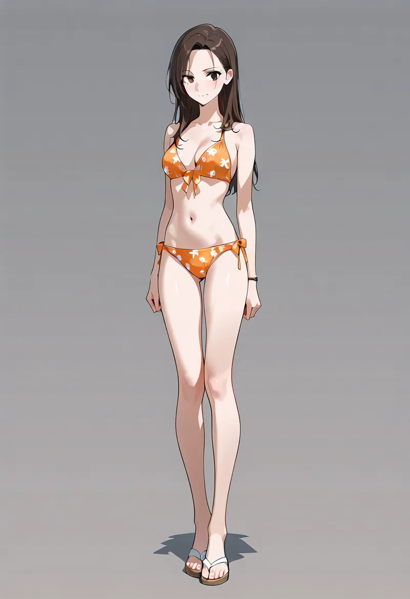 長い黒髪をなびかせた美少女が、白い花柄をあしらったオレンジ色のビキニを身につけています。グレーの落ち着いた背景で、スタイリッシュな全身ポーズを取った洗練されたイラストです。