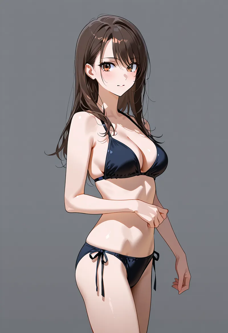赤い瞳が印象的な黒髪ロングの美少女を、グレーの背景に映したアニメ調イラストです。洗練されたポーズと繊細な肌の質感で、プロフェッショナルなアート作品として仕上がっています。