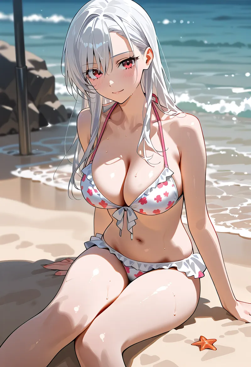 澄んだ赤い瞳と長い白髪が印象的な美少女が、青い海を背景に浜辺でリラックスした様子を描いたアニメ調イラスト。爽やかな水着姿で、波打ち際の砂浜に座る優雅な夏のシーンです。