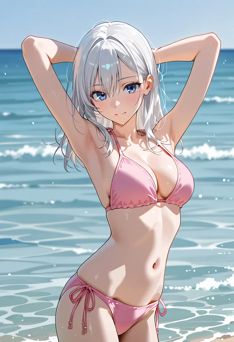 澄んだ青い瞳と銀色の長髪が印象的な美少女が、ピンクのビキニで海辺に立つアニメ調イラスト。波打つ海と爽やかな空気感が夏の開放感を演出しており、柔らかい光と影のグラデーションが高い描写力を示しています。