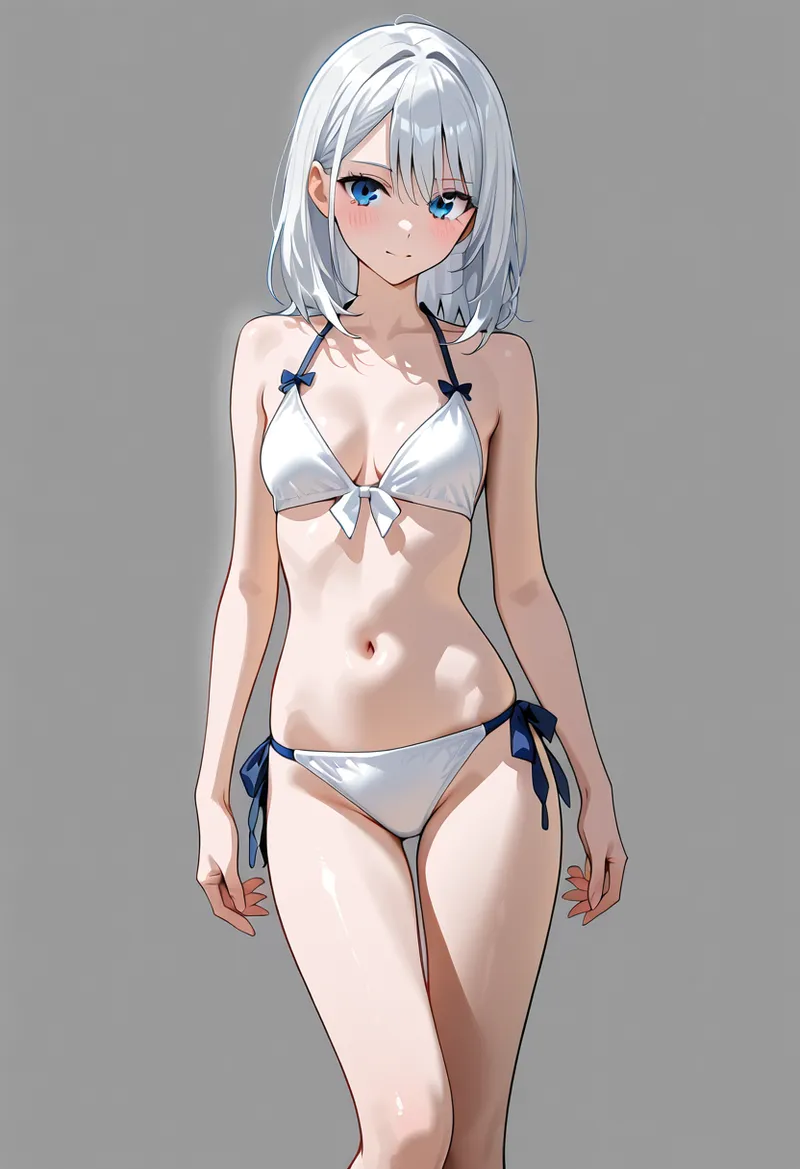 透き通るような白髪のショートヘアと澄んだ青い瞳が印象的なアニメ調イラストです。白と紺のリボン装飾が施された衣装を身に纏い、ニュートラルな表情で正面を向いた全身ポートレート作品。