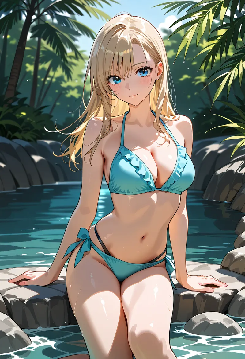 金色の長髪と青い瞳が印象的な美少女が、トロピカルな水辺でビキニ姿でくつろいでいます。パームツリーに囲まれた静寂の池で、柔らかな陽光と水の輝きに包まれた夏の情景です。