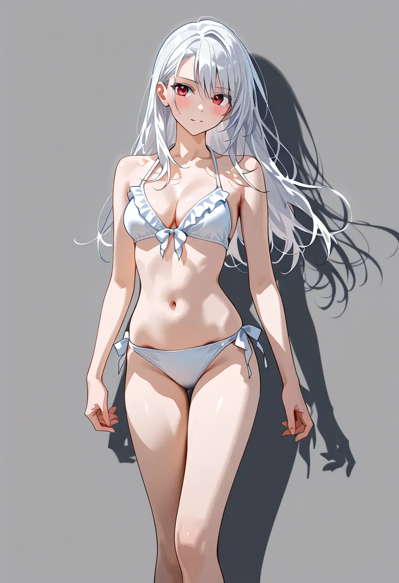 銀色に輝く長い髪と赤い瞳が印象的な、アニメ調の美少女イラストです。白基調の衣装と灰色の背景が洗練された雰囲気を演出しており、光の陰影が立体感を引き出しています。