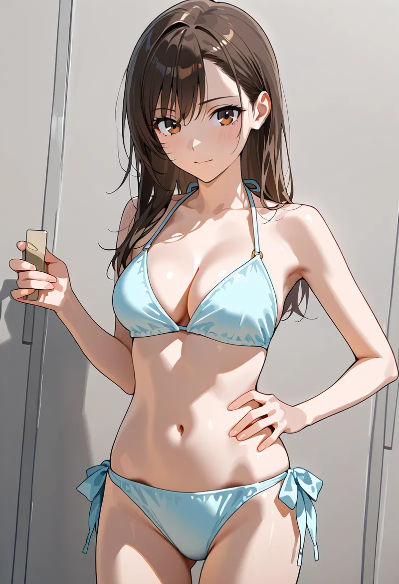 明るい室内で薄紫色の瞳が印象的な美少女が、爽やかな水色のビキニ水着姿で微笑む。流れるような黒髪と清潔感あふれる表情が特徴のアニメ調イラストです。