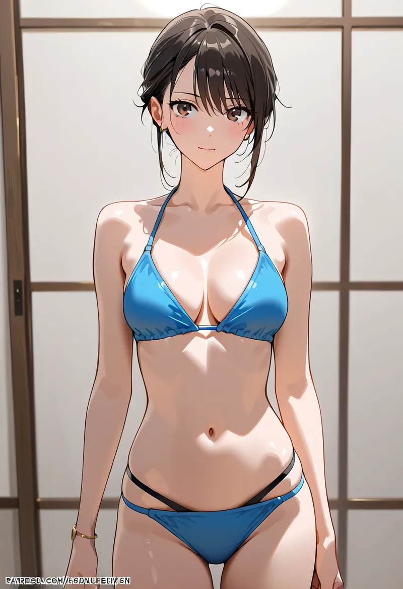 黒髪をまとめた清潔感のある表情の美少女が、青いビキニ姿で窓際に佇むアニメ調イラストです。柔らかい光の中で描かれた肌の質感とスタイリッシュな構図が印象的です。