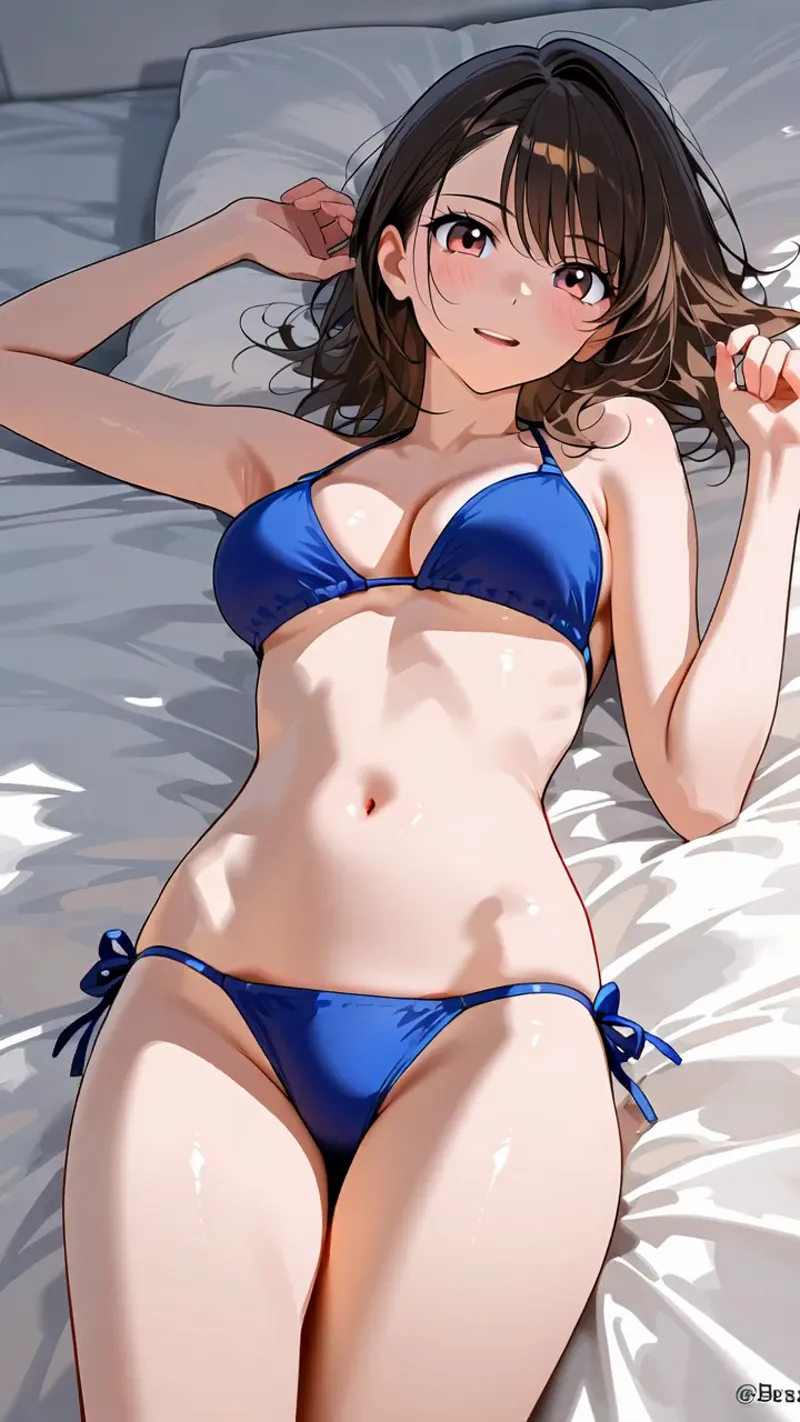 ベッドの上でリラックスした表情を見せる黒髪のアニメ美少女。紺色のビキニを身につけ、白い寝具に寝転ぶ柔らかな光と影の表現が印象的です。