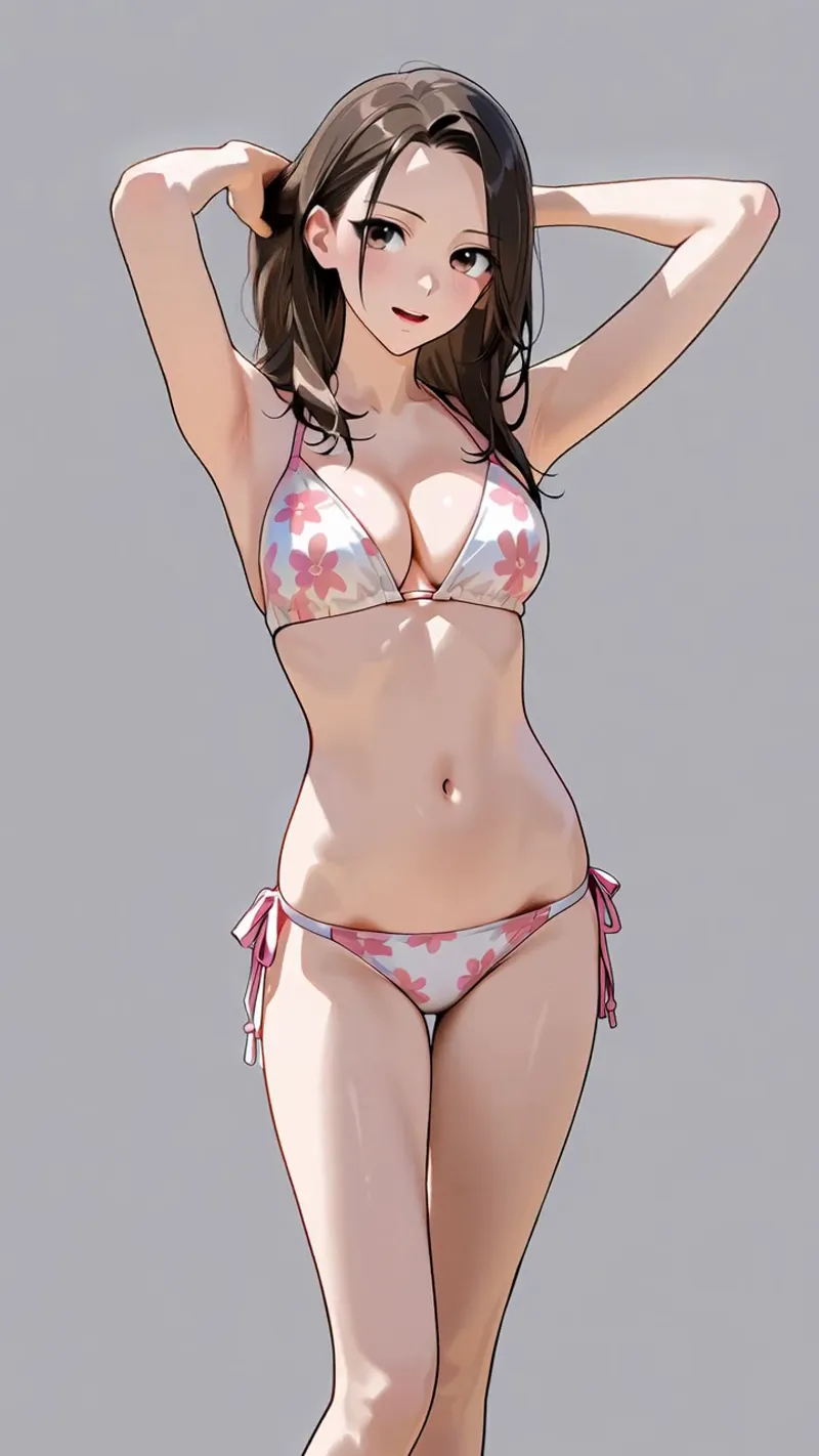長い黒髪を優雅に頭上にまとめた美少女が、ピンク系の花柄ビキニを身につけた全身ポートレートイラストです。柔らかなグラデーションと立体感のある描写で、アニメ調の魅力的な表情と姿態を表現しています。