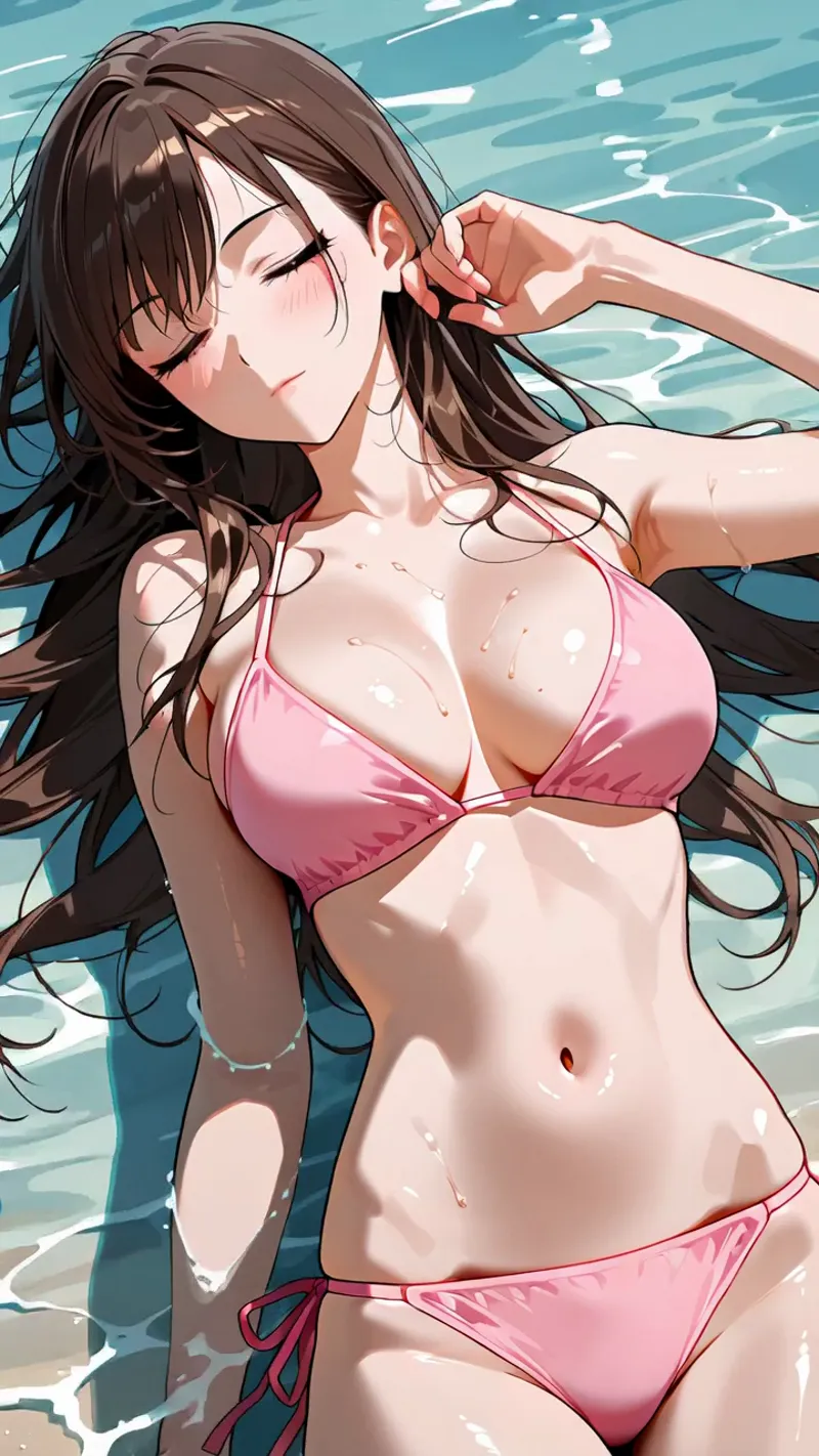 澄んだ青い水を背景に、長い茶色い髪をなびかせながら目を閉じてくつろぐ少女のイラスト。ピンク色の水着姿で、穏やかな表情とリラックスした仕草が夏の爽やかさを引き出しています。