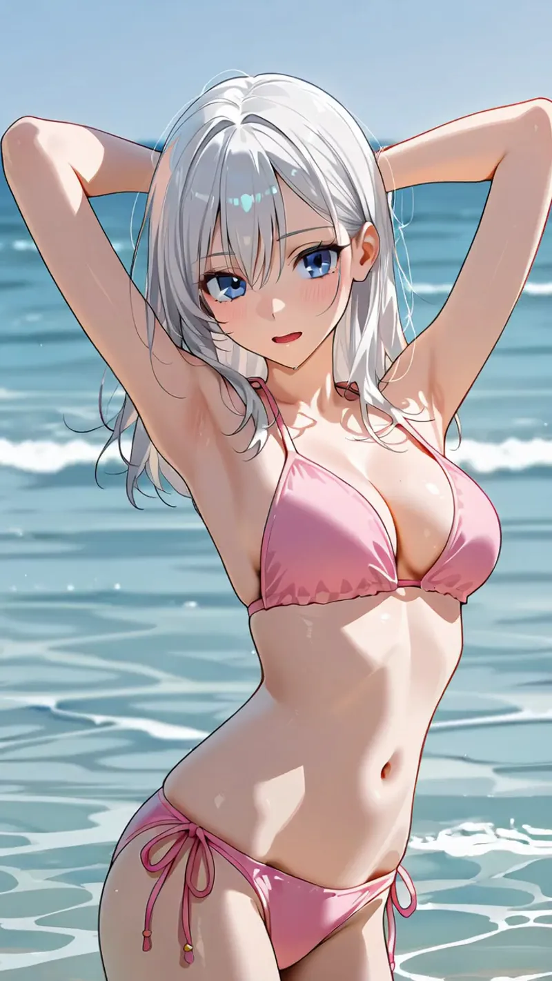 青い瞳が印象的な白髪の少女が、波打つ海を背景にリラックスした表情でポーズをとるアニメ調イラストです。ピンク色の水着姿で、爽やかな海の風情を表現した一枚。