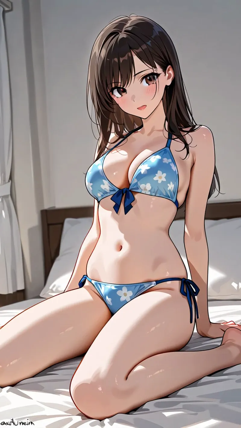 爽やかな青と白の花柄ビキニを身につけた長髪の美少女が、寝室のベッドで静かに座っています。柔らかな自然光に包まれた肌の質感と、穏やかで優雅な表情が印象的なアニメ調イラストです。