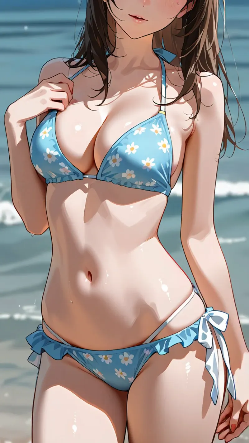 青い海を背景に、白い小花が描かれた爽やかなブルーのビキニを身に着けた美少女が、柔らかな日差しの中で穏やかな表情を見せるアニメ調イラストです。