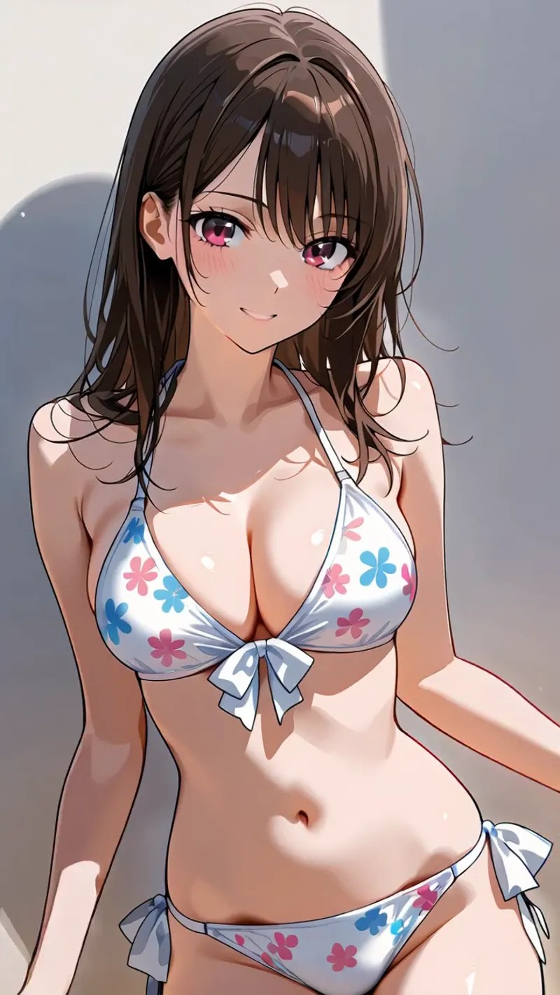 褐色のロングヘアに薄紅色の瞳が印象的なアニメ調の美少女イラストです。花のモチーフがあしらわれた爽やかな水着姿で、柔らかな日差しの中で穏やかな笑顔を浮かべています。