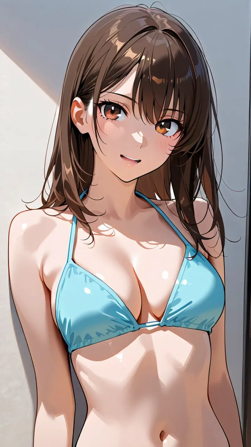 茶髪のセミロングヘアを優しく揺らし、温かみのある琥珀色の瞳で微笑む美少女のアニメ調ポートレートです。水色のビキニを着た爽やかな夏のイラストで、白い光が当たる背景が柔らかい雰囲気を引き出しています。