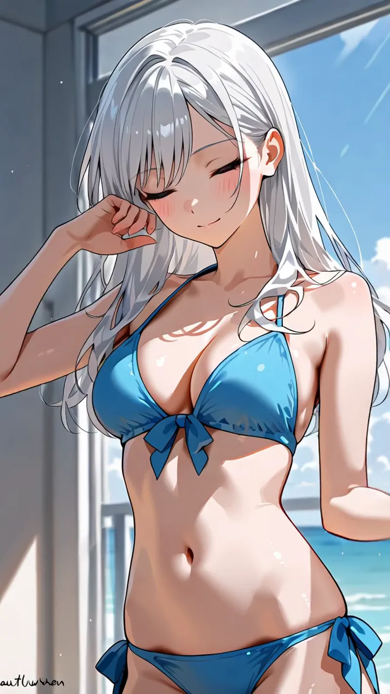 爽やかな青のビキニを身につけた白髪の少女が、大きな窓から海を眺める柔らかな表情。光と影のコントラストが美しい、夏の昼下がりを切り取ったアニメ調イラストです。