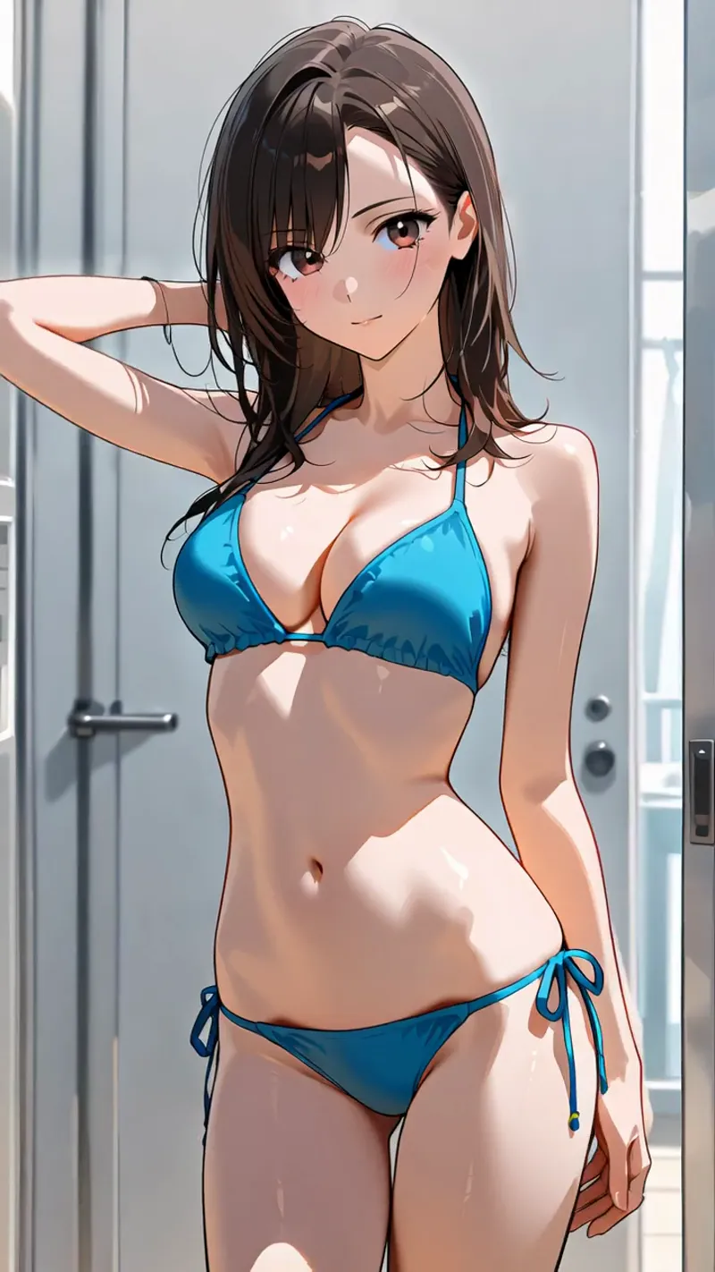 明るい室内で、黒髪をかき上げた美少女がこちらを見つめるアニメ調のイラストです。青いビキニを着た夏らしい一枚で、窓からの自然光が肌を柔らかく照らしています。