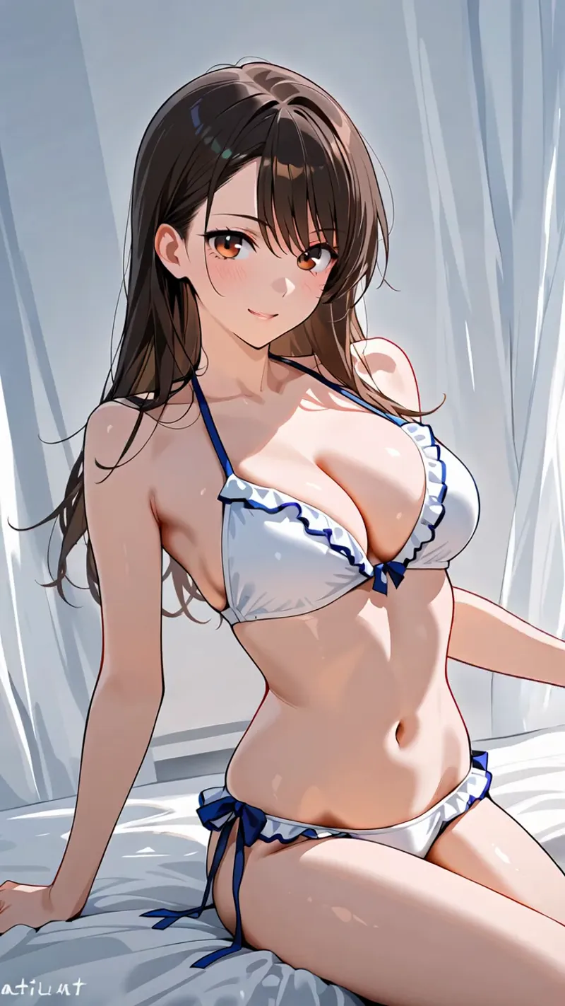 褐色肌と赤い瞳が印象的な美少女のアニメ調イラスト。白地に紺のリボンが映えるビキニウェアを身に纏い、長く流れた黒髪が優雅に揺れています。柔らかい光に包まれた背景で、洗練された描写が魅力です。