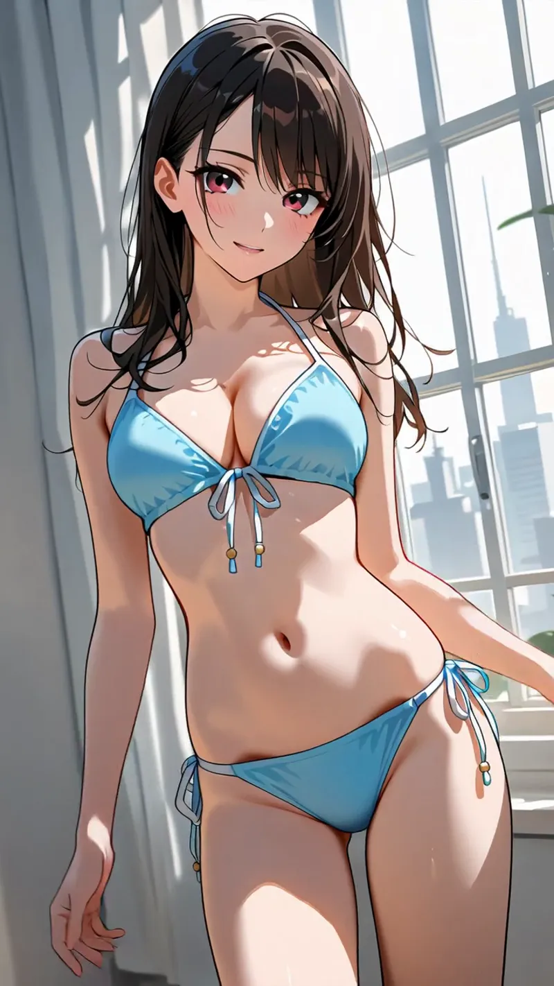 大きな窓を背にした室内で、黒髪のアニメ調美少女が優しく微笑んでいます。青いビキニを着た姿で、柔らかな日差しが肌に映える上品なイラストです。