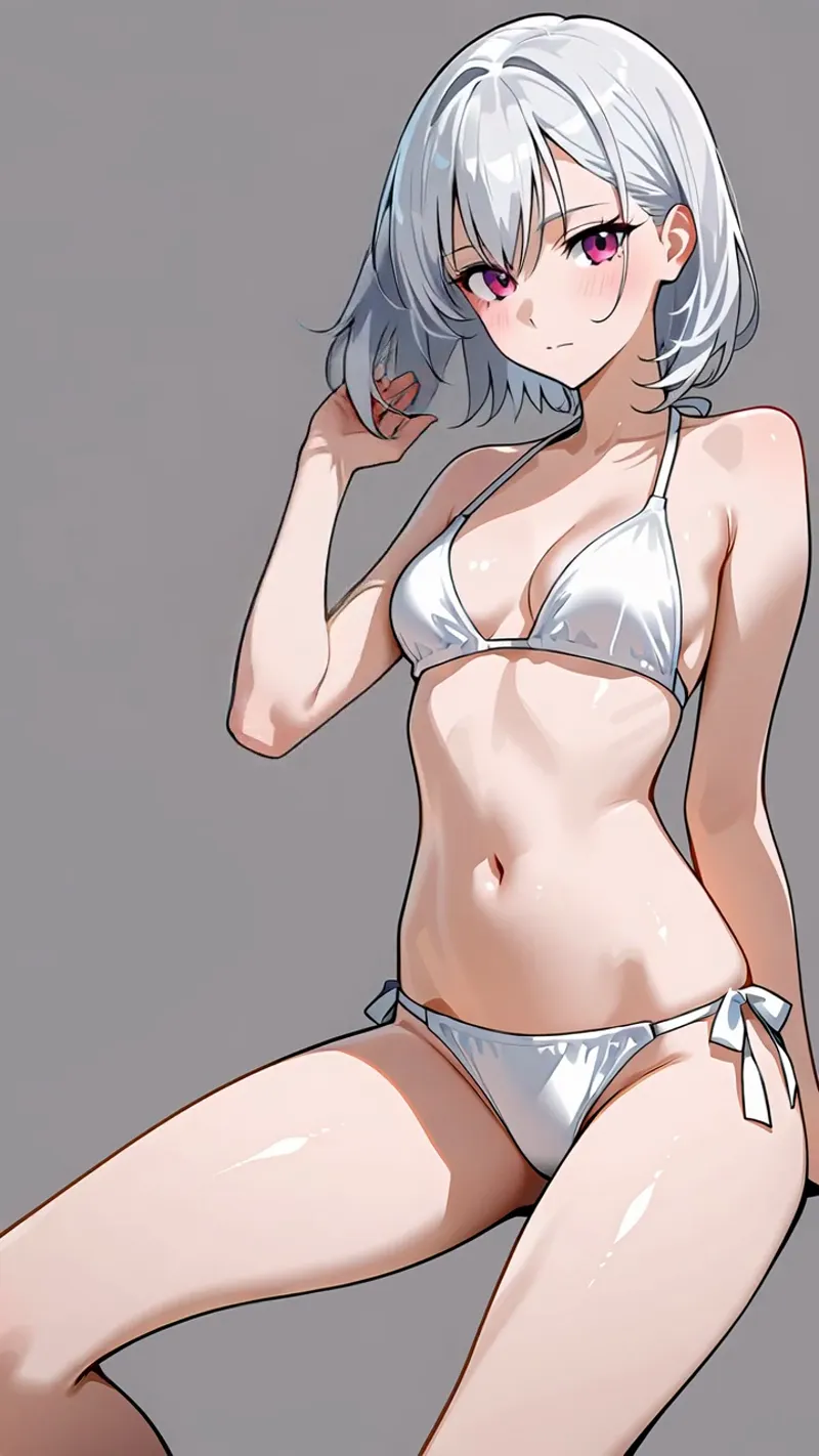 白いビキニを着た銀髪の美少女が、グレーバックで優雅に佇むアニメ調イラストです。紫紅色の瞳と柔らかい表情が魅力的で、髪をかき上げる仕草が自然な動きを表現しています。