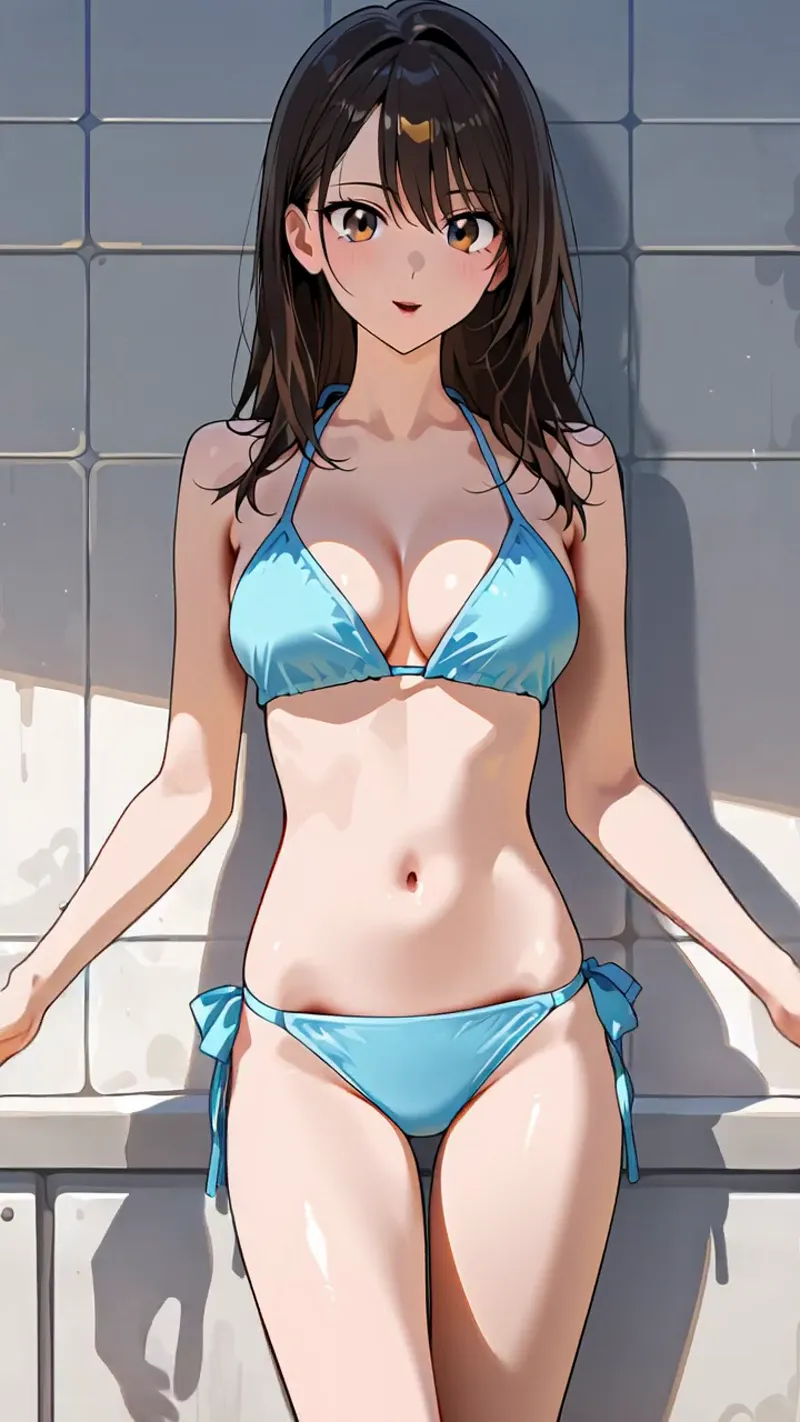 黒髪ロングヘアと大きな瞳が特徴的な、アニメ調の美少女イラスト。爽やかな青いビキニを身につけ、白を基調とした幾何学模様のタイル背景の前で穏やかな表情で立つ姿が描かれています。