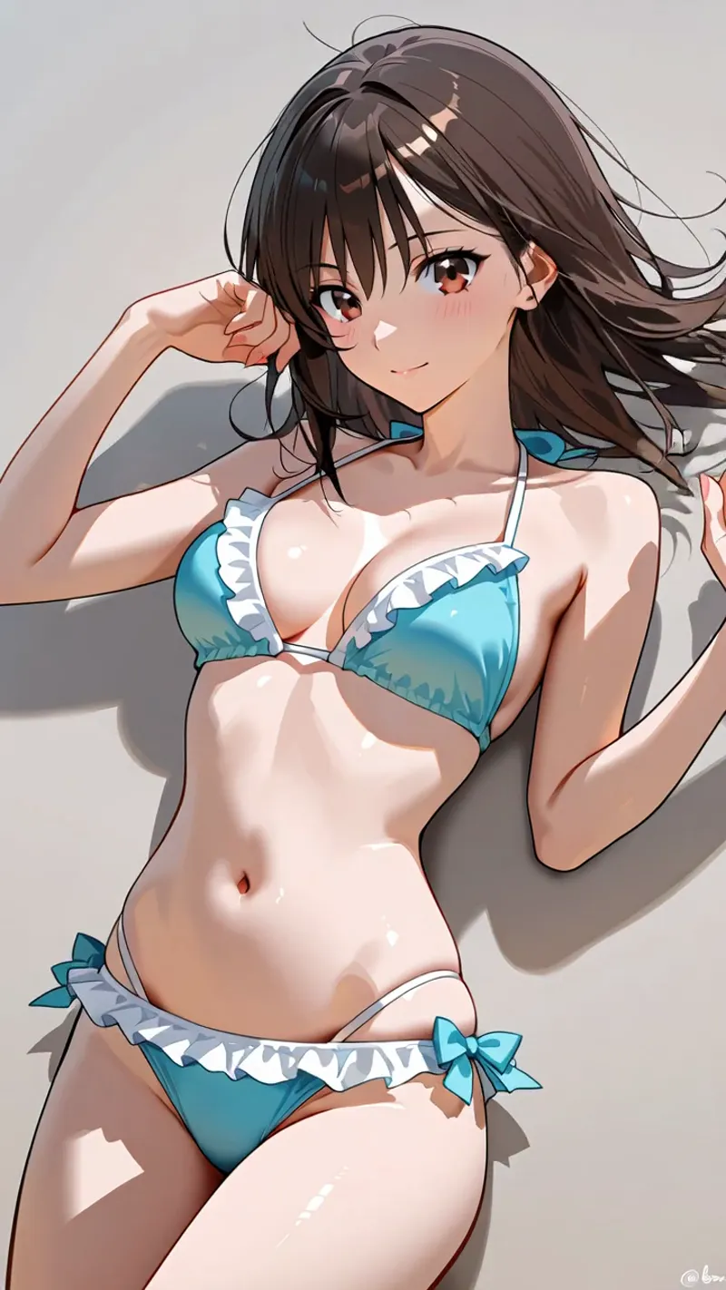 青いリボン装飾が施された爽やかな衣装を纏った美少女のアニメ調イラストです。柔らかな光で照らされた肌と流れる髪、穏やかな表情が印象的な作品です。