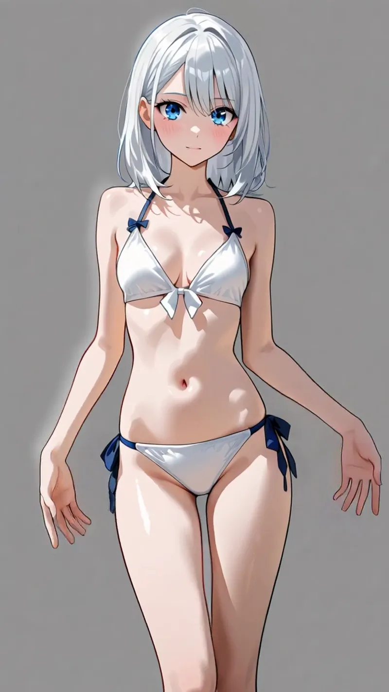 透き通るような銀髪と鮮やかな青い瞳が印象的な、優雅な表情の美少女イラストです。白と紺色のリボン装飾で統一された爽やかな夏らしい雰囲気が特徴的。
