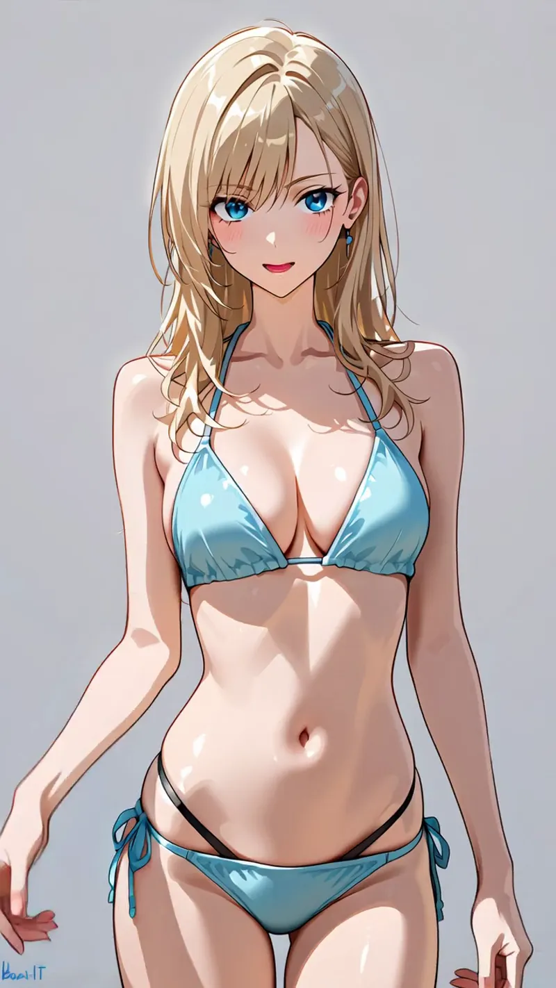 柔らかな光沢感のある金髪と青い瞳が印象的な、アニメ調の美少女イラストです。水色のビキニ姿で落ち着いた表情を浮かべており、グラデーション背景が柔らかな雰囲気を演出しています。