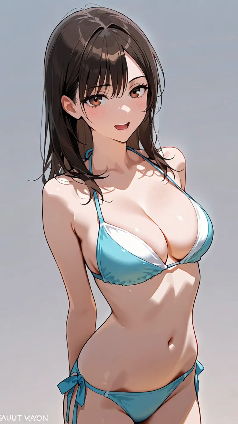 黒髪の美少女が青白のビキニを身につけ、柔らかな微笑みを浮かべるアニメ調イラストです。グラデーション背景に映える光の表現と、優雅な横向きの構図が特徴的な一枚。