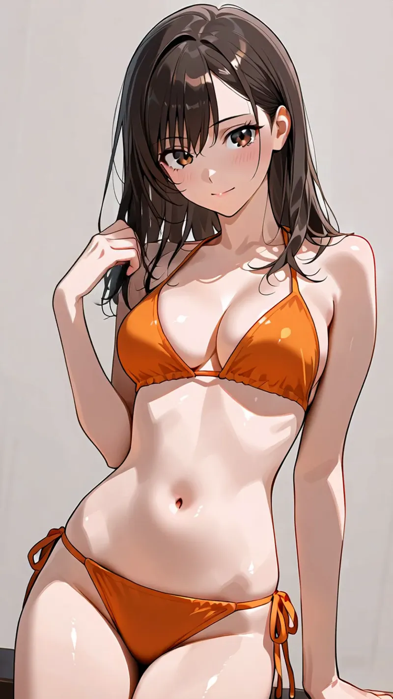 黒髪をまとめた黒目がちな表情の美少女がオレンジ色のビキニを身につけた、アニメ調のポートレートイラスト。柔らかい肌の質感と光の反射が丁寧に描写されています。