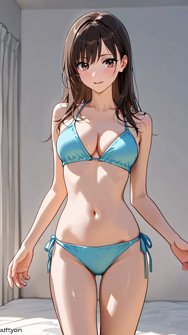 清潔感のある白い室内で、青色のビキニを身に纏った美少女が穏やかな笑顔を浮かべています。長くサラサラした黒髪と優しい瞳が印象的で、光の当たった肌のツヤが絶妙に表現されたアニメ調イラストです。