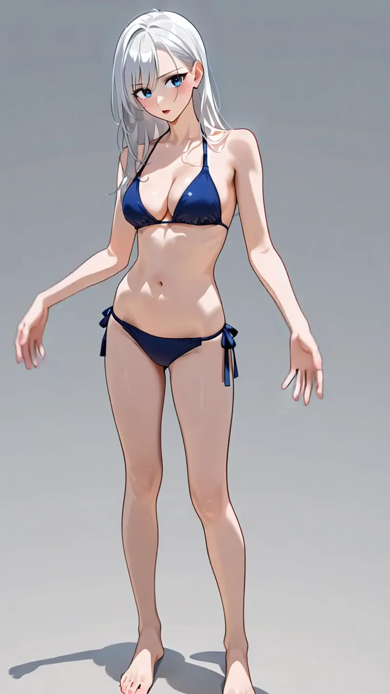 銀白色のロングヘアと澄んだ瞳が特徴の美少女が、紺色のビキニを身に纏い、落ち着いた灰色背景の中でアニメ調のポートレートとして描かれています。