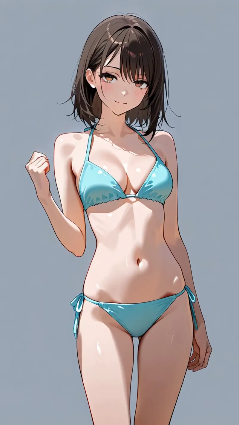 柔らかな青灰色の背景に、黒髪ボブヘアの少女が青いビキニ姿で微笑む、アニメ調のイラスト。透明感のある肌と穏やかな表情が特徴です。