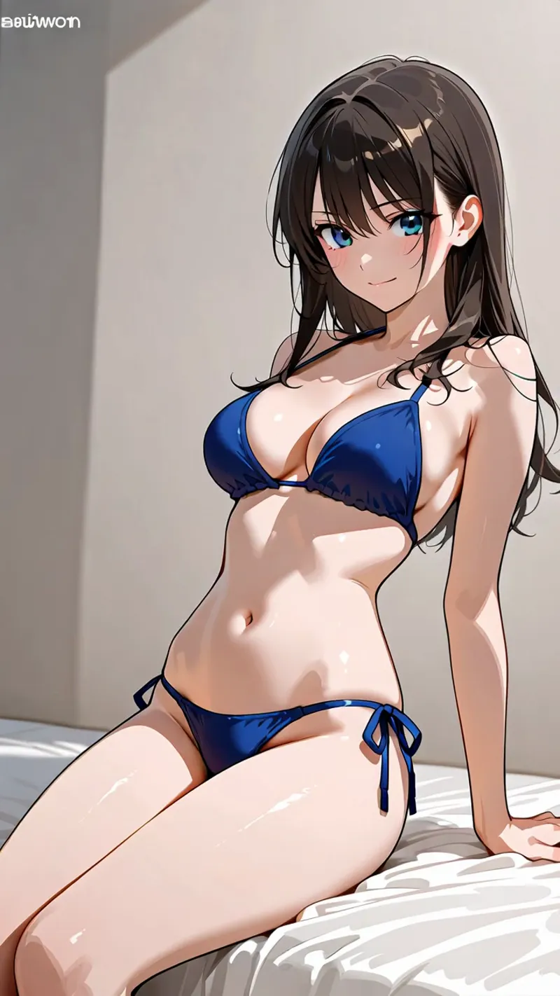 澄んだ青い瞳と黒髪が印象的な美少女のAI生成イラストです。青紺色のビキニを着用し、白いベッドの上で優雅なポーズを取る姿が描かれています。明るい室内の柔らかい光が肌を照らし、洗練された色彩表現が特徴的です。
