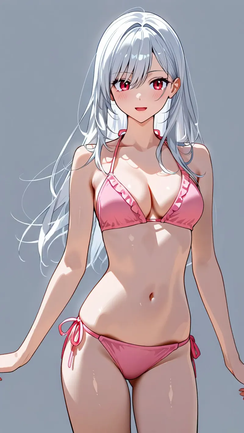銀色の長髪と赤紫色の瞳が印象的な美少女が、ピンク色のビキニを身につけた爽やかなイラストです。柔らかな肌の質感と光の表現により、優美で洗練されたアニメ調のキャラクターポートレートに仕上がっています。