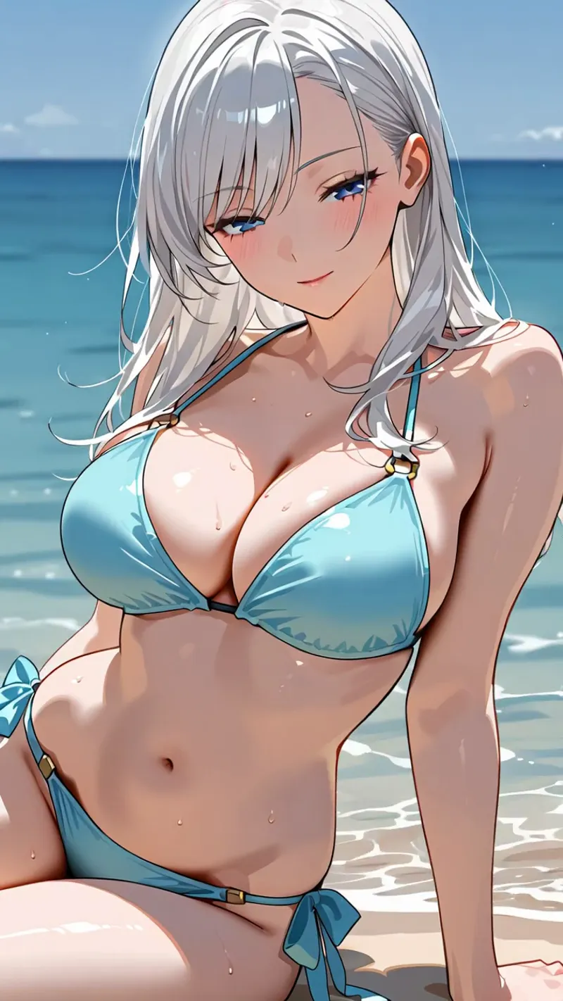 澄んだ碧い瞳と銀色のロングヘアが印象的な、海岸でのポートレートイラストです。爽やかな青いビキニと背景の波打つ海が、夏の開放的な雰囲気を引き出しています。