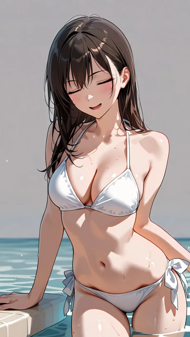 黒い長髪をなびかせ、白いビキニ姿で海辺に佇む美少女のアニメ調イラスト。穏やかな表情と柔らかな光の描写が印象的な夏のシーン。