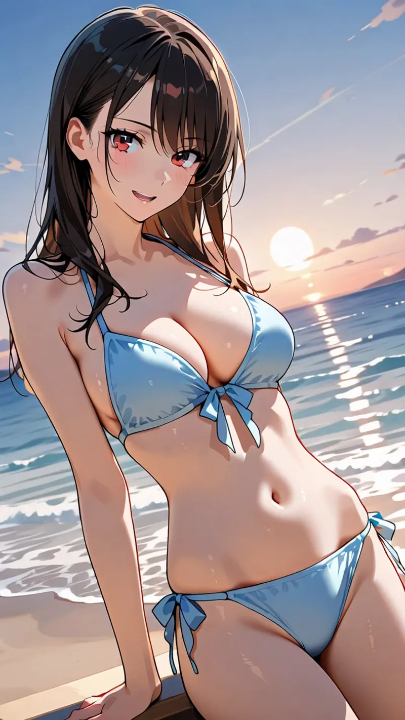 黒髪ロングヘアの美少女が、夕焼けに染まるビーチで微笑む一枚。青いビキニを身に着け、太陽が海に沈む黄金時間の光が肌を優しく照らしています。アニメ調の精密な描写で、波音が聞こえそうな夏の情景です。