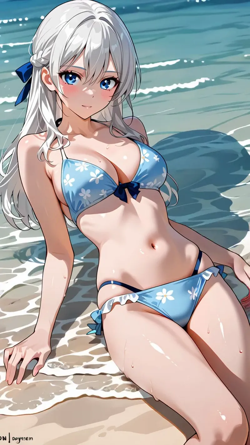 白い長髪に青いリボンをあしらった美少女が、海辺で青い花柄のビキニ姿で佇んでいます。瑠璃色の瞳が輝き、背景には波打つ海と白く輝く砂浜が広がる夏らしいアニメ調イラストです。