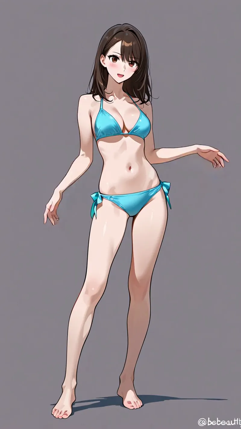 鮮やかなターコイズブルーのビキニを身にまとった女性のAIアニメ調イラストです。深い茶色のセミロングヘアと吸い込まれるような瞳が特徴で、グレーの背景に映える洗練されたポーズで描かれています。
