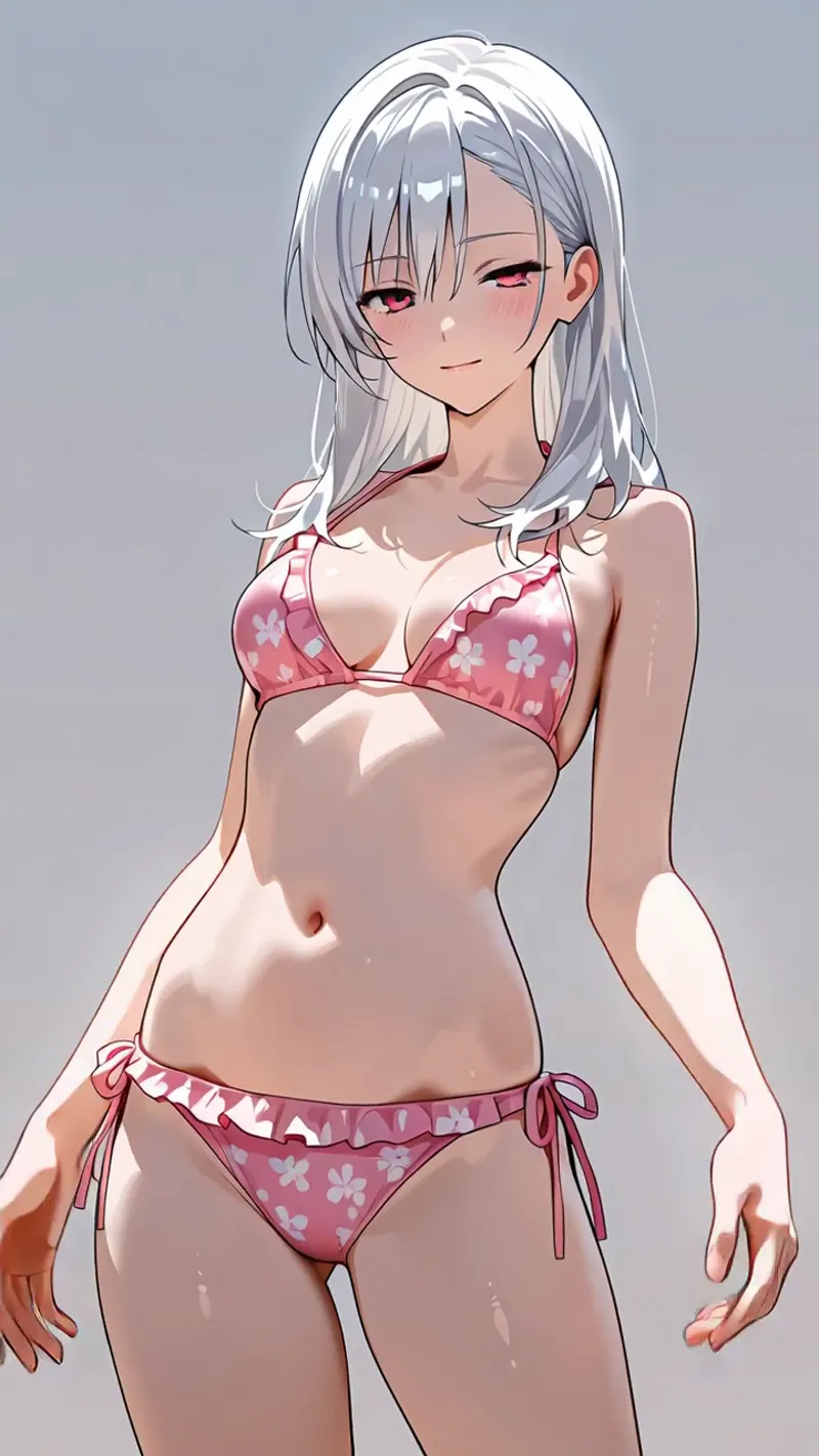 銀色の長髪と赤紫色の瞳が特徴的な美少女のポートレートです。花柄の水着を着た夏らしい装いで、落ち着いた表情と柔らかい光の当たった肌が優雅な雰囲気を演出しています。