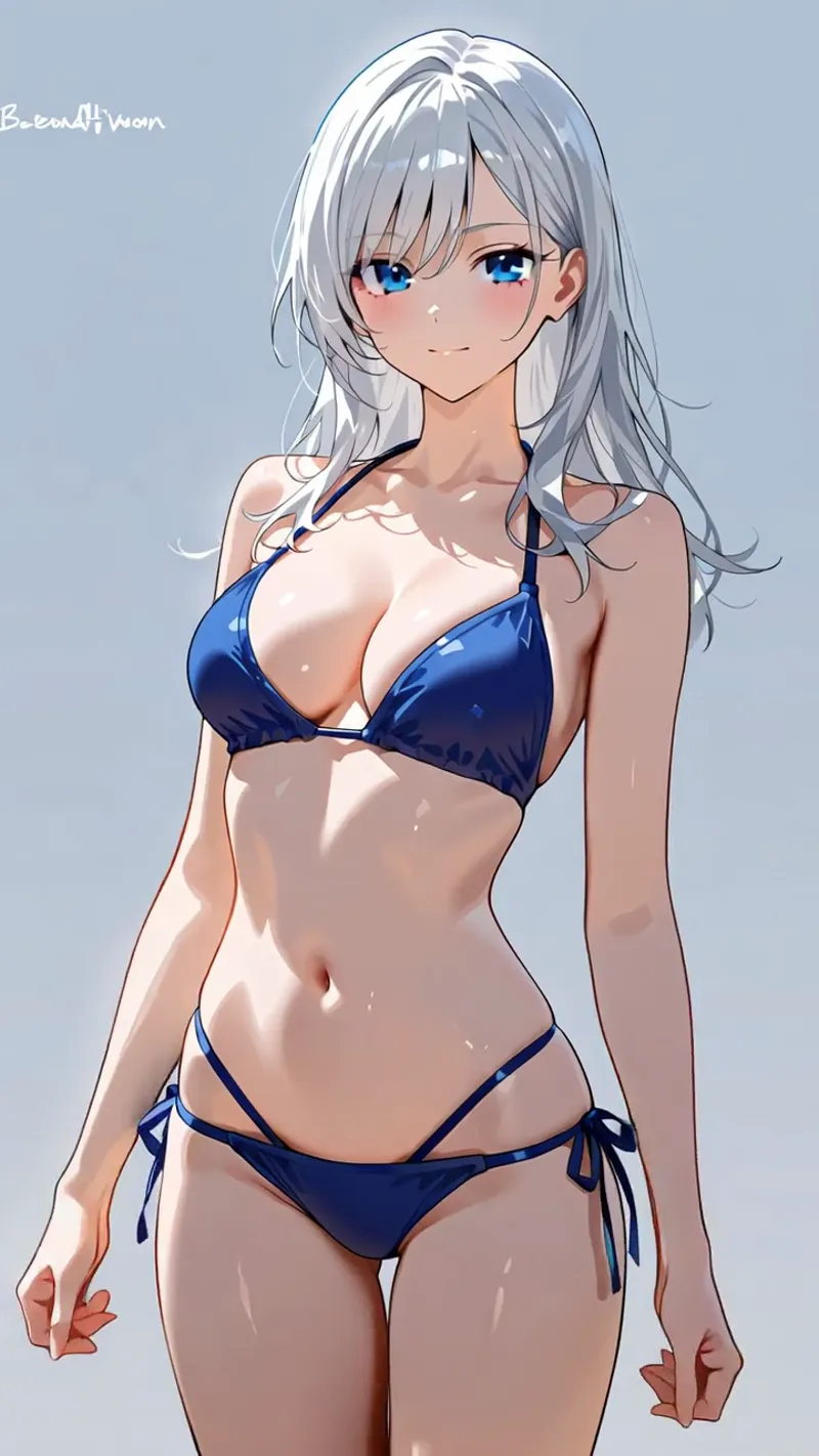 銀色のロングヘアと澄んだ青い瞳が印象的な美少女のアニメ調イラストです。紺青のビキニを身に纏い、爽やかな白背景の中で優雅に立つ姿が描かれています。
