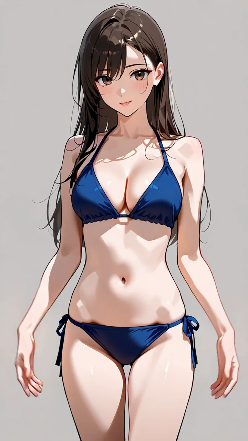 黒髪ロングにスッキリとした顔立ちの美少女が、紺色のビキニを身に纏いシンプルなグレー背景でポーズをとるアニメ調イラストです。光と影の表現が立体感を引き出しています。