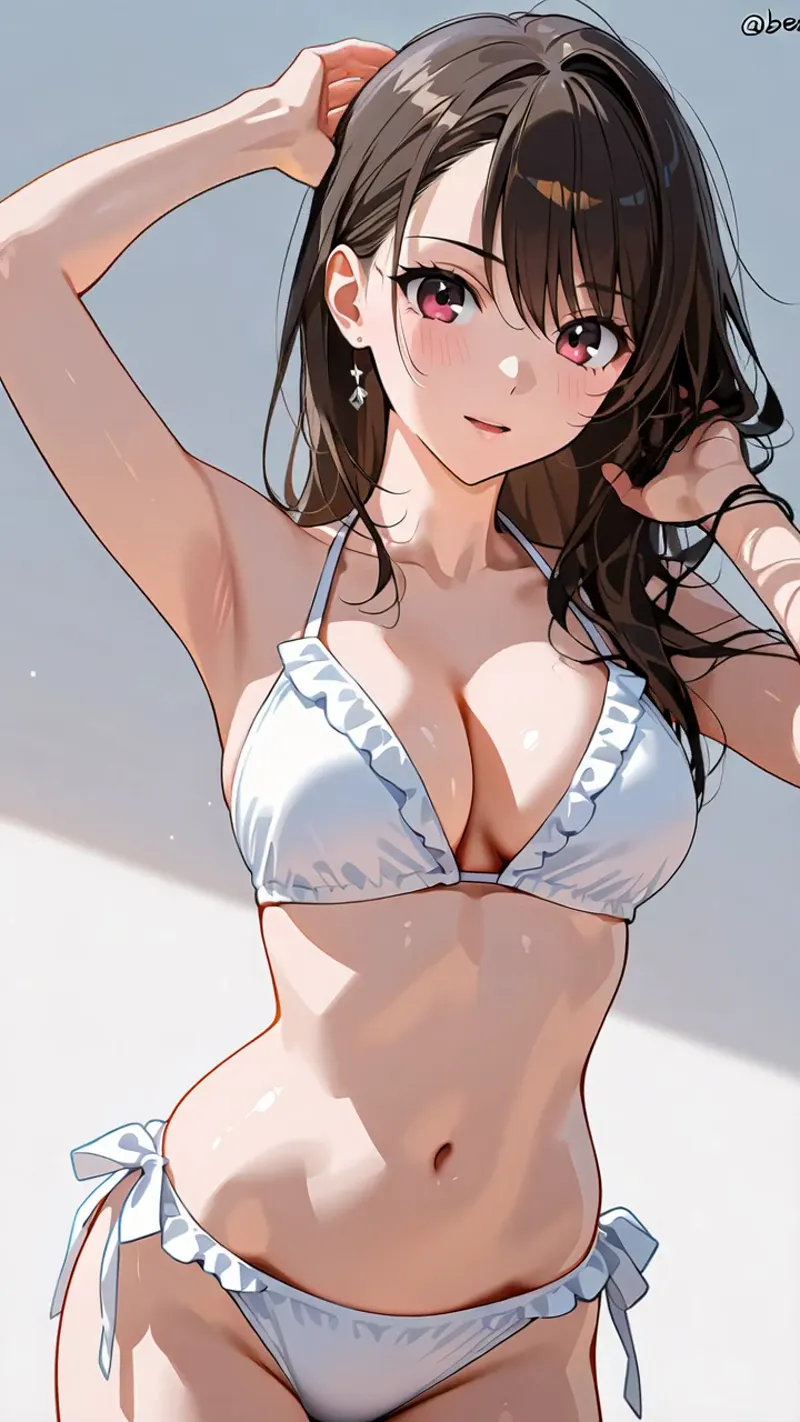 濃い茶髪をなびかせ、上品な表情で髪に手を添える美少女です。白いフリル付きビキニ姿で、明るい青空を背景にした爽やかなアニメ調イラストです。
