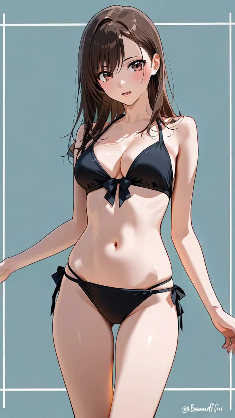 黒いリボン飾りのビキニを身に纏った、ブラウンの長髪が特徴の美少女イラスト。柔らかい肌色と優雅な立ち姿で、清涼感のある青灰色背景に引き立つアニメ調のポートレート作品です。