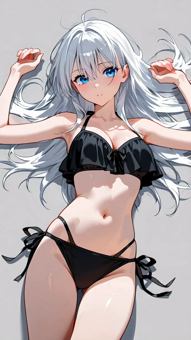 透き通るような肌に銀色の長髪が優雅に流れる、アニメ調の美少女イラスト。鮮やかな青い瞳と柔らかな表情が印象的で、黒のトップス姿で両腕を上げた躍動的なポーズが特徴です。