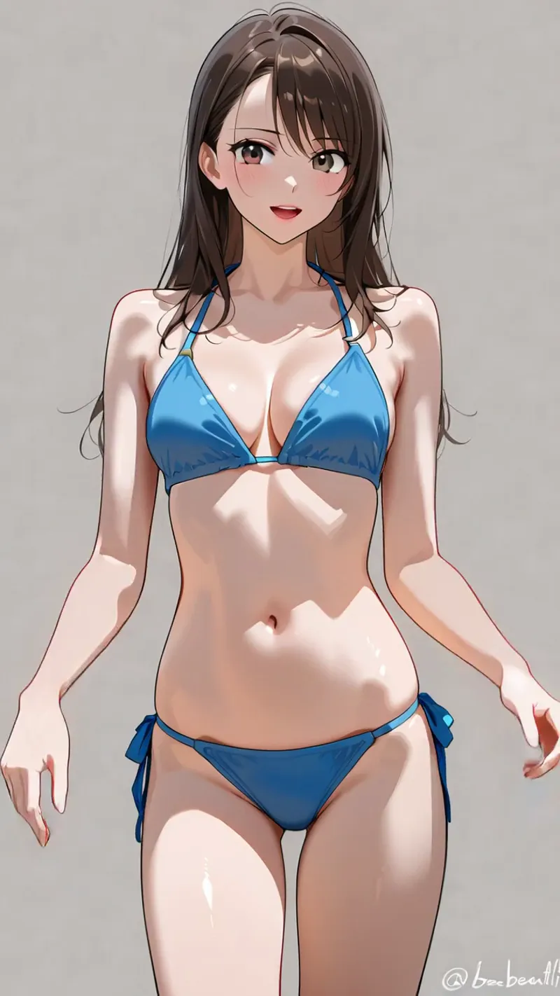 濃紺のビキニを身に纏った美少女の、爽やかで自信に満ちた表情のアニメ調ポートレートです。柔らかい光線が肌の質感を優しく表現し、背景の淡いグレーとの対比で人物を際立たせています。