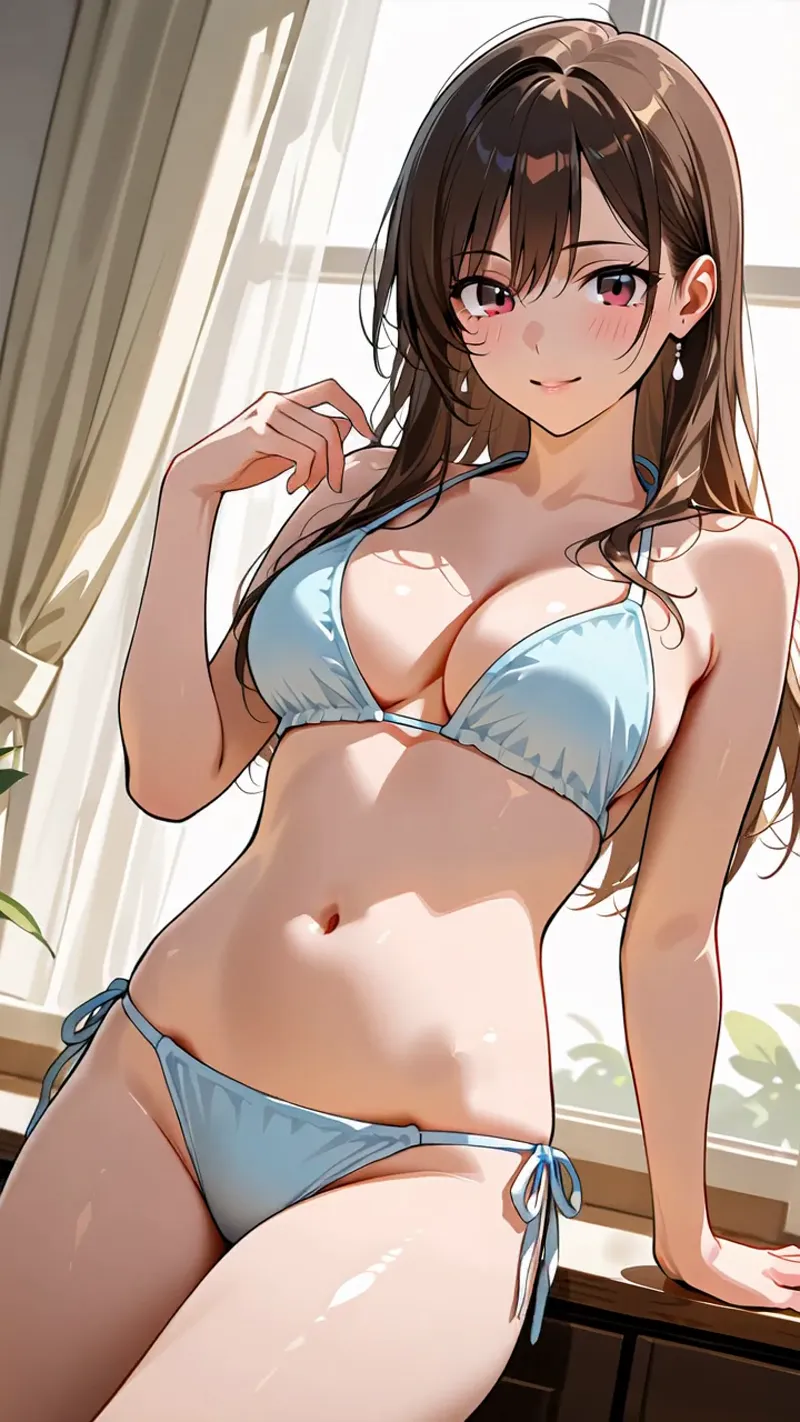 明るい室内の窓際に座る、ロングブラウンヘアと赤紫色の瞳を持つ美少女イラスト。柔らかな陽光が差し込む背景で、優雅で親密な雰囲気を演出するポートレート作品です。