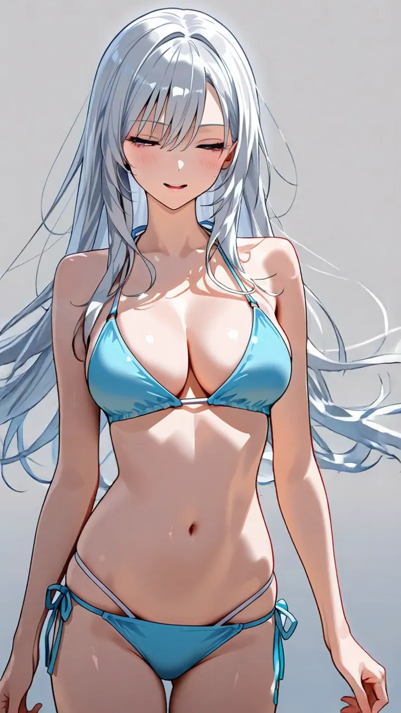 透き通るような銀髪を優雅に流した美少女のアニメ調イラストです。柔らかな表情と爽やかなブルーの衣装が特徴的で、明るいグラデーション背景の中に描かれた洗練されたポートレート作品です。