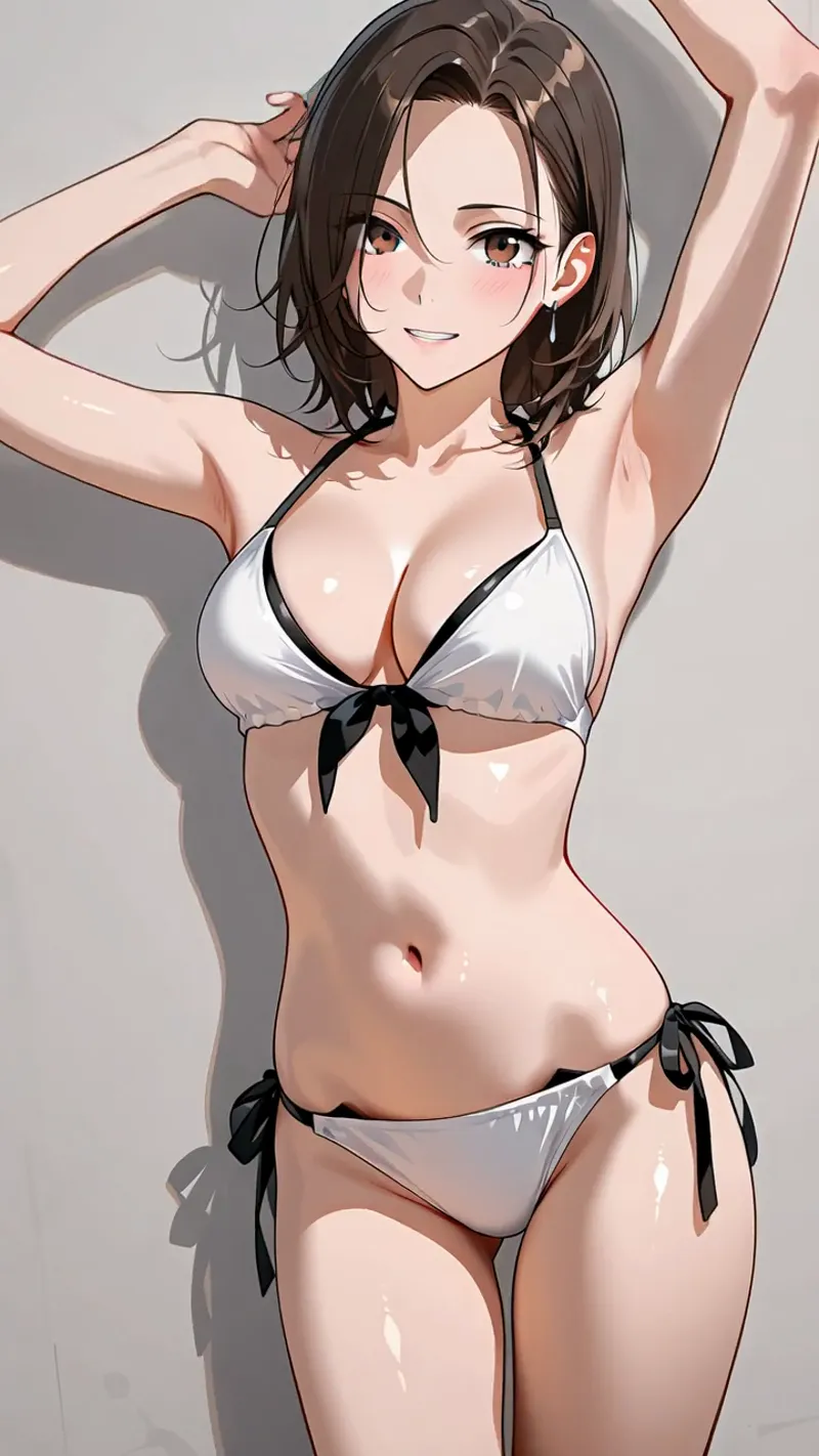 黒髪のショートボブに優しい表情の美少女が、白と黒のビキニ姿でリラックスした仕草を見せるアニメ調イラストです。柔らかい光と影が肌の質感を引き立てています。