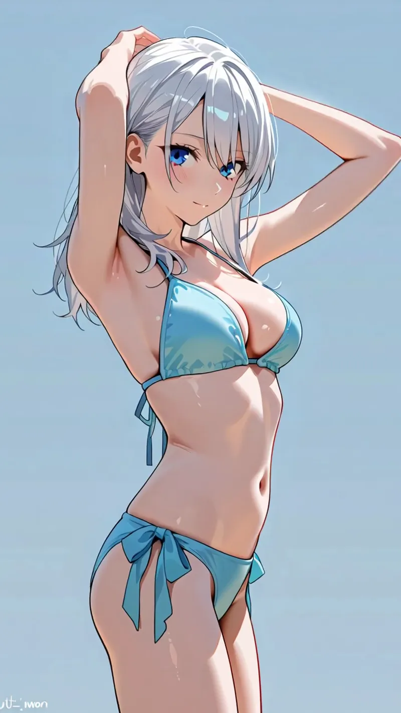 涼しげな青空を背景に、銀髪をまとめた表情豊かな美少女が爽やかに微笑むアニメ調イラストです。青いビキニと髪の毛の流れが軽やかで、夏らしい清潔感のあるポートレートに仕上がっています。